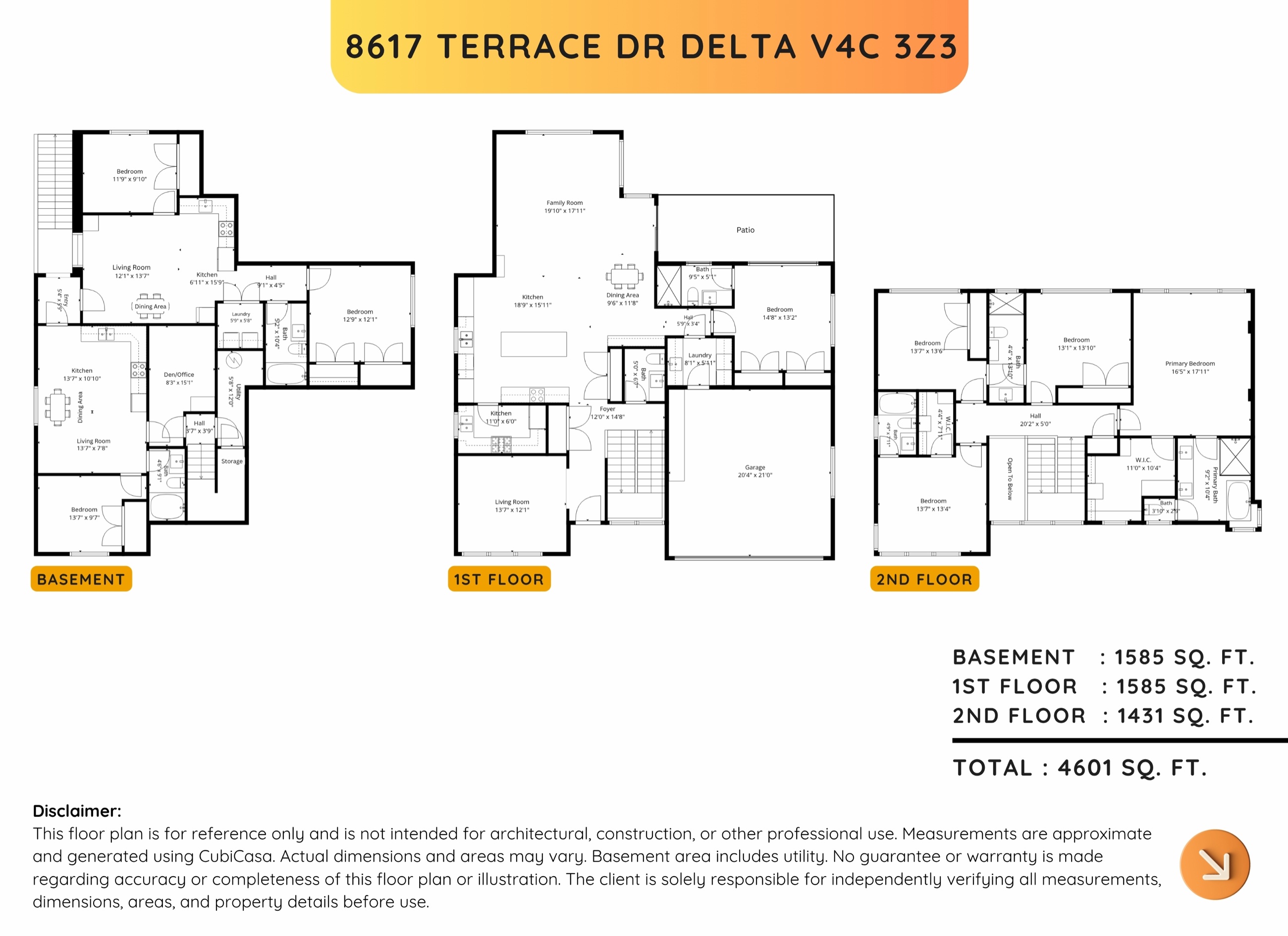 Floor plans: main floor, upper floor and basement suites